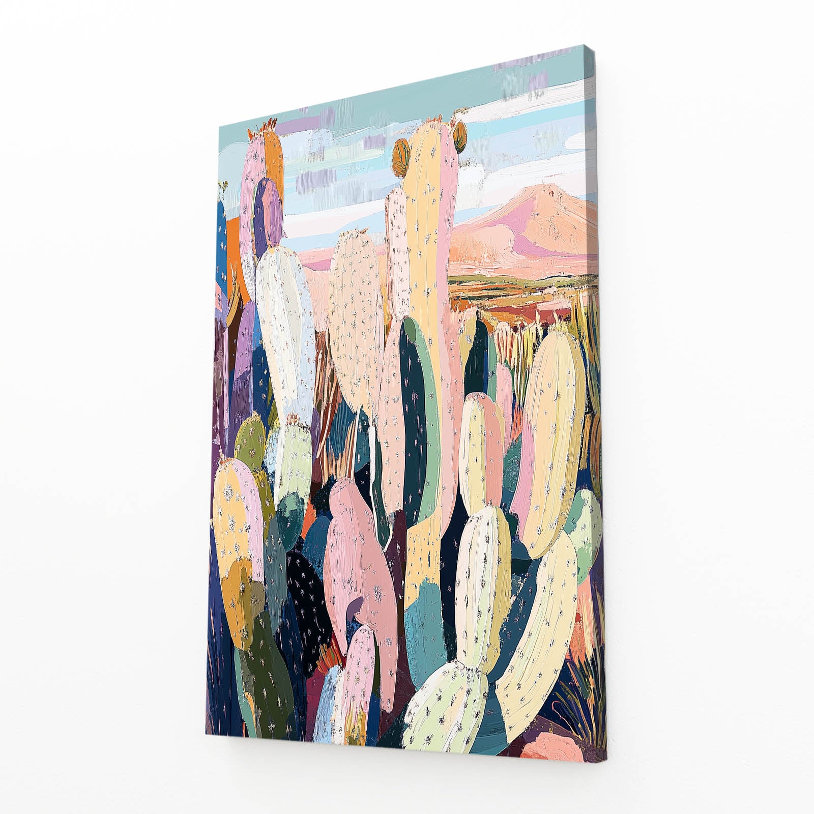 Patchwork Desert Ridge Cactus Art – angled canvas view on white background