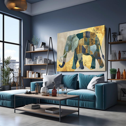 Patchwork Elephant Wall Art — abstract canvas print in gold tones, view 3