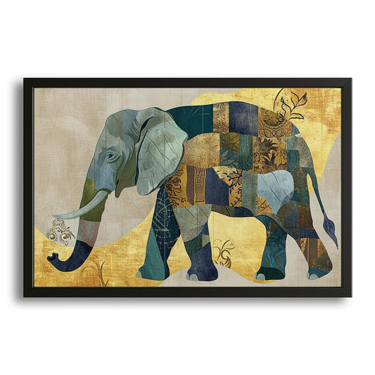 Patchwork Elephant Wall Art — contemporary canvas print in gold tones, with Premium Black frame on white background
