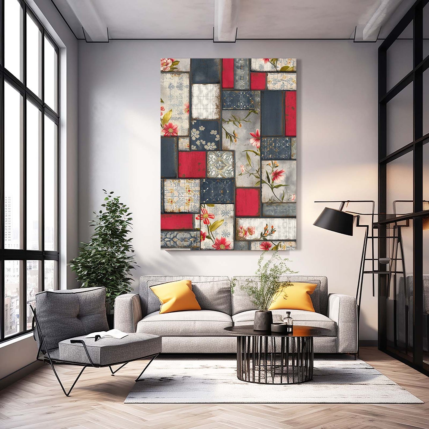 Patchwork Floral Quilt Farmhouse Wall Decor – styled in a furnished interior
