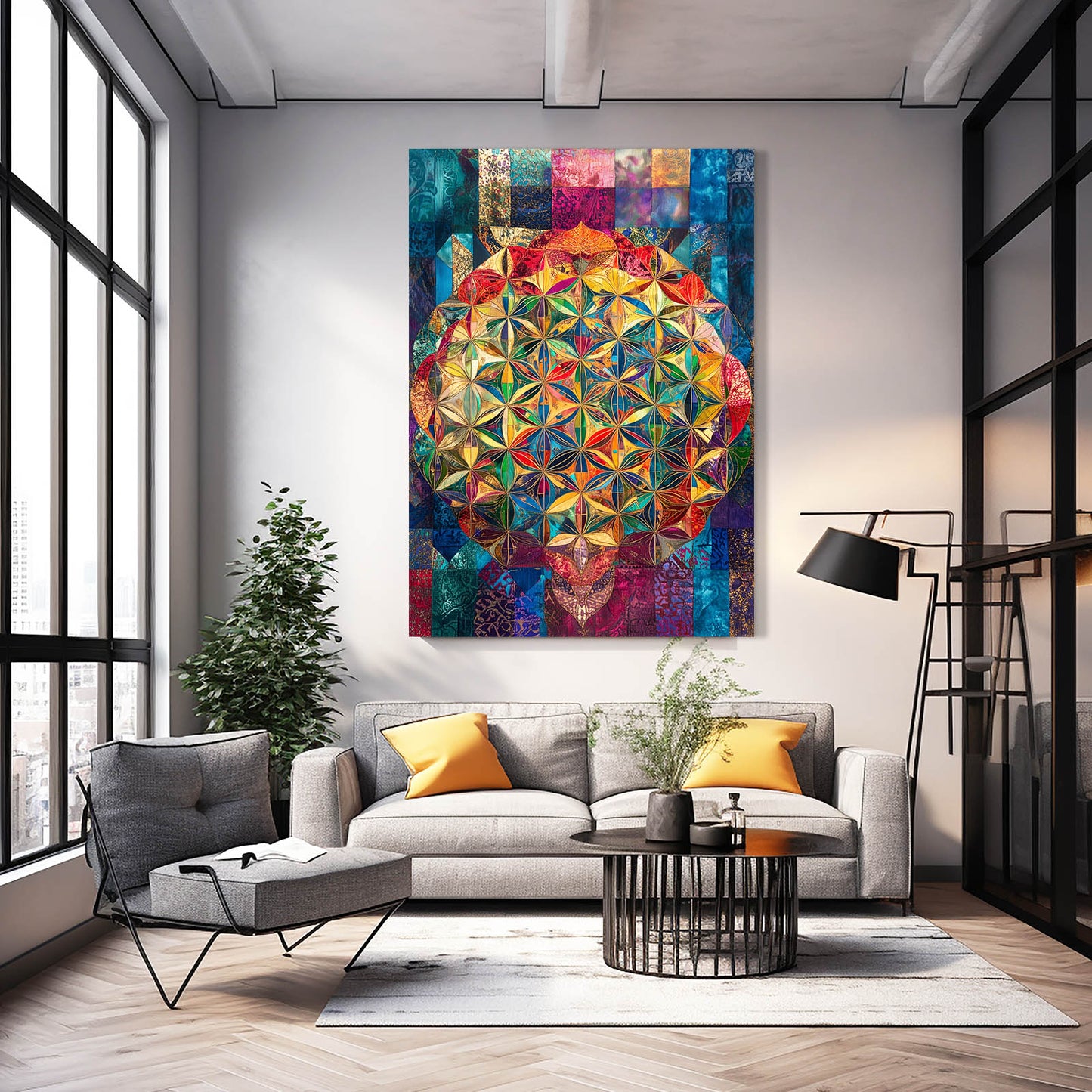 Patchwork Jewel Bloom Flower Of Life Canvas Art – styled in a furnished interior