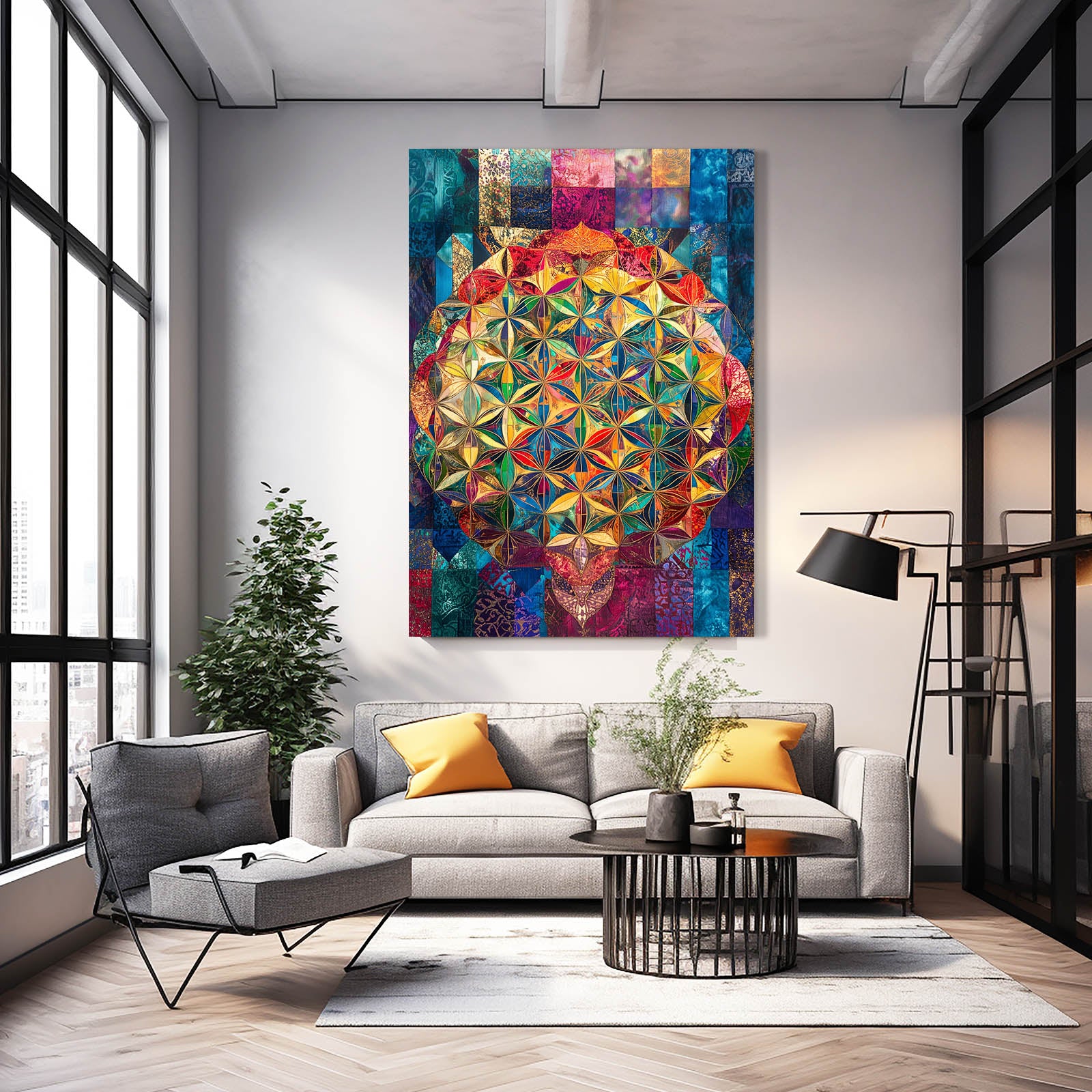 Patchwork Jewel Bloom Flower Of Life Canvas Art – styled in a furnished interior