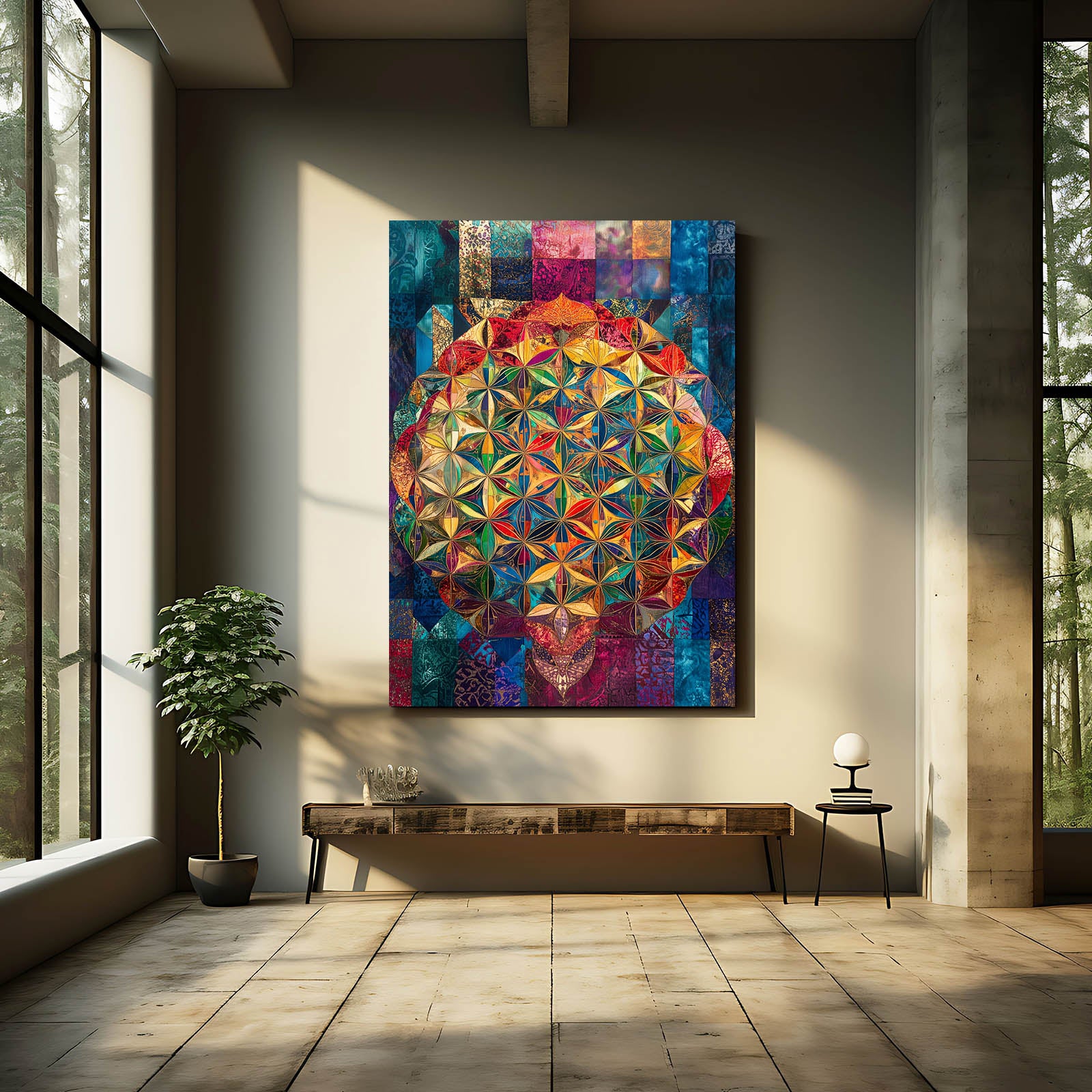 Patchwork Jewel Bloom Flower Of Life Canvas Art – styled in a furnished interior