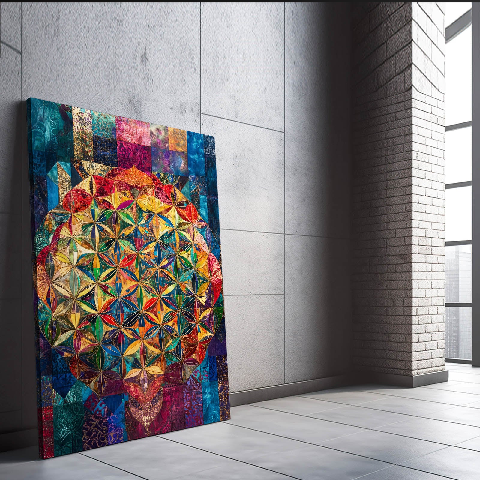 Patchwork Jewel Bloom Flower Of Life Canvas Art – styled in a furnished interior