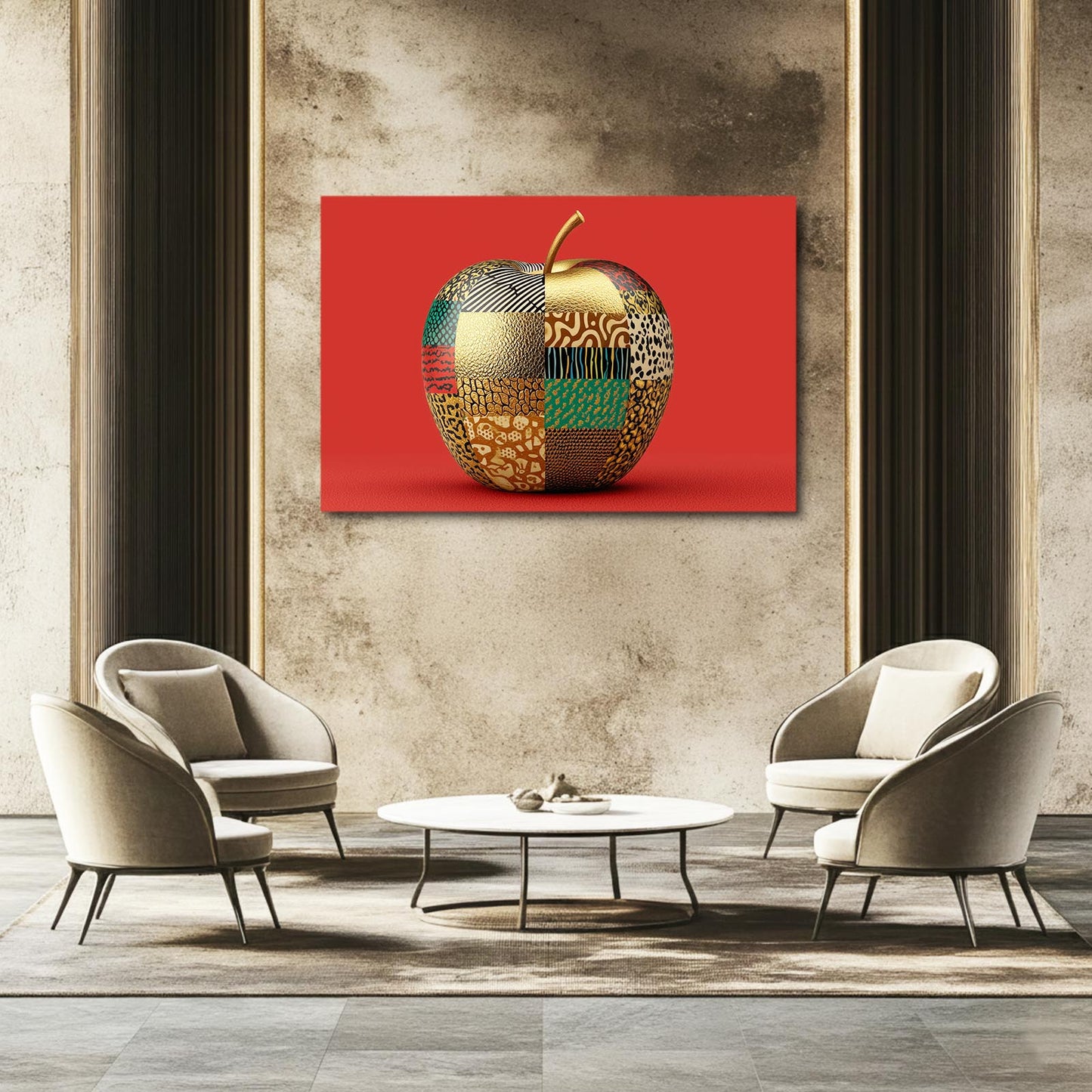 Patchwork Pattern Apple Canvas Art – styled in a furnished interior