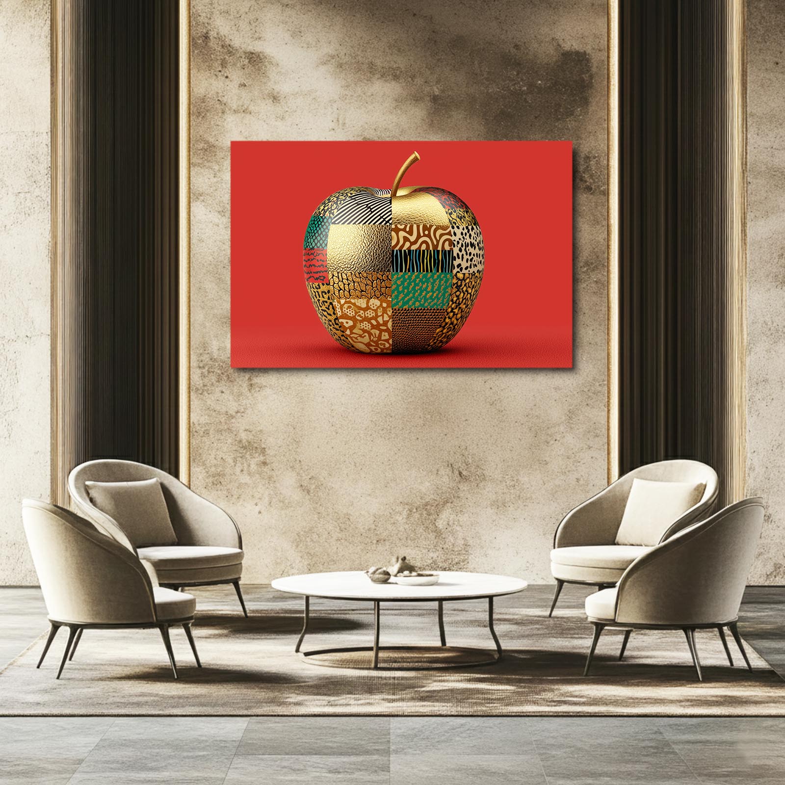 Patchwork Pattern Apple Canvas Art – styled in a furnished interior