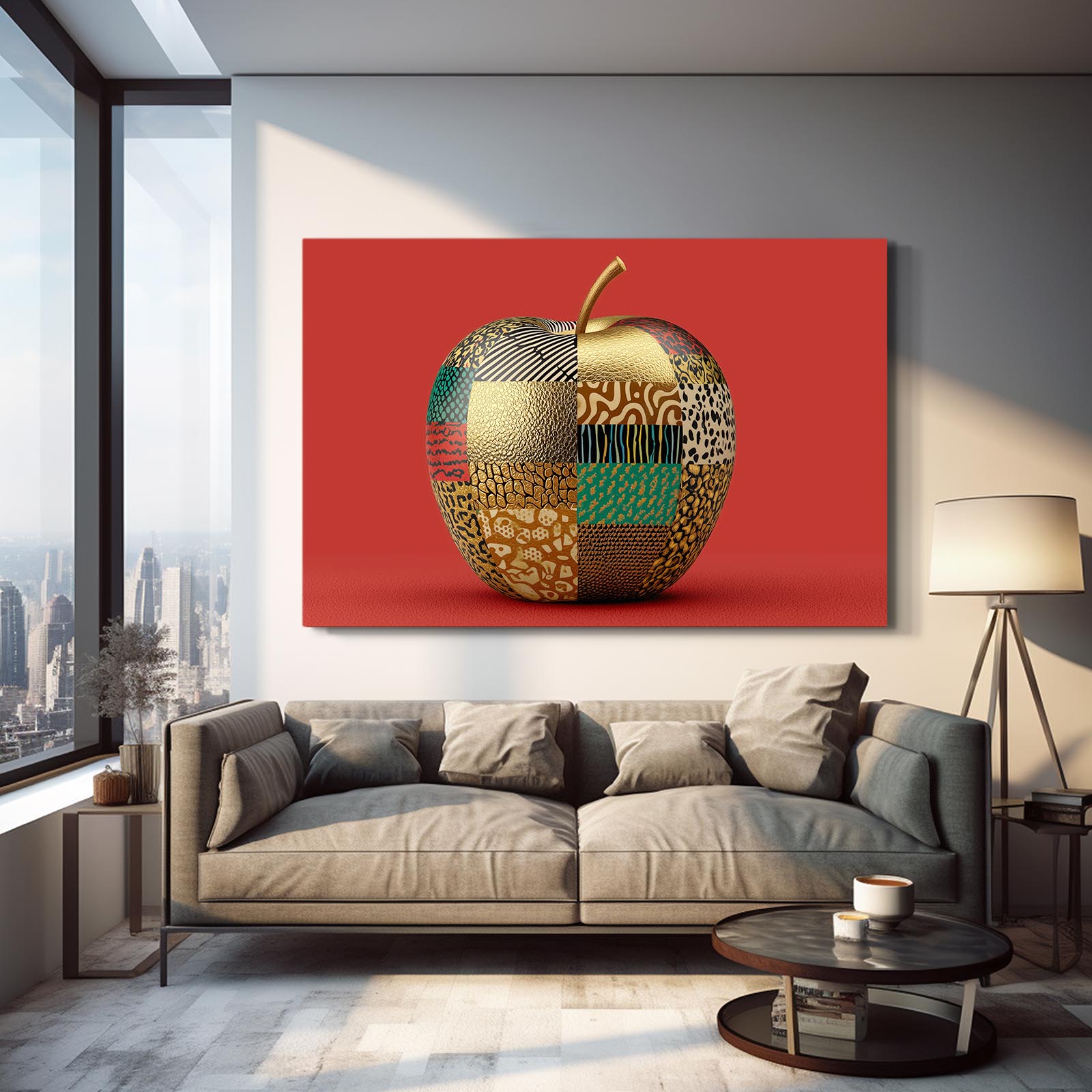 Patchwork Pattern Apple Canvas Art – styled in a furnished interior