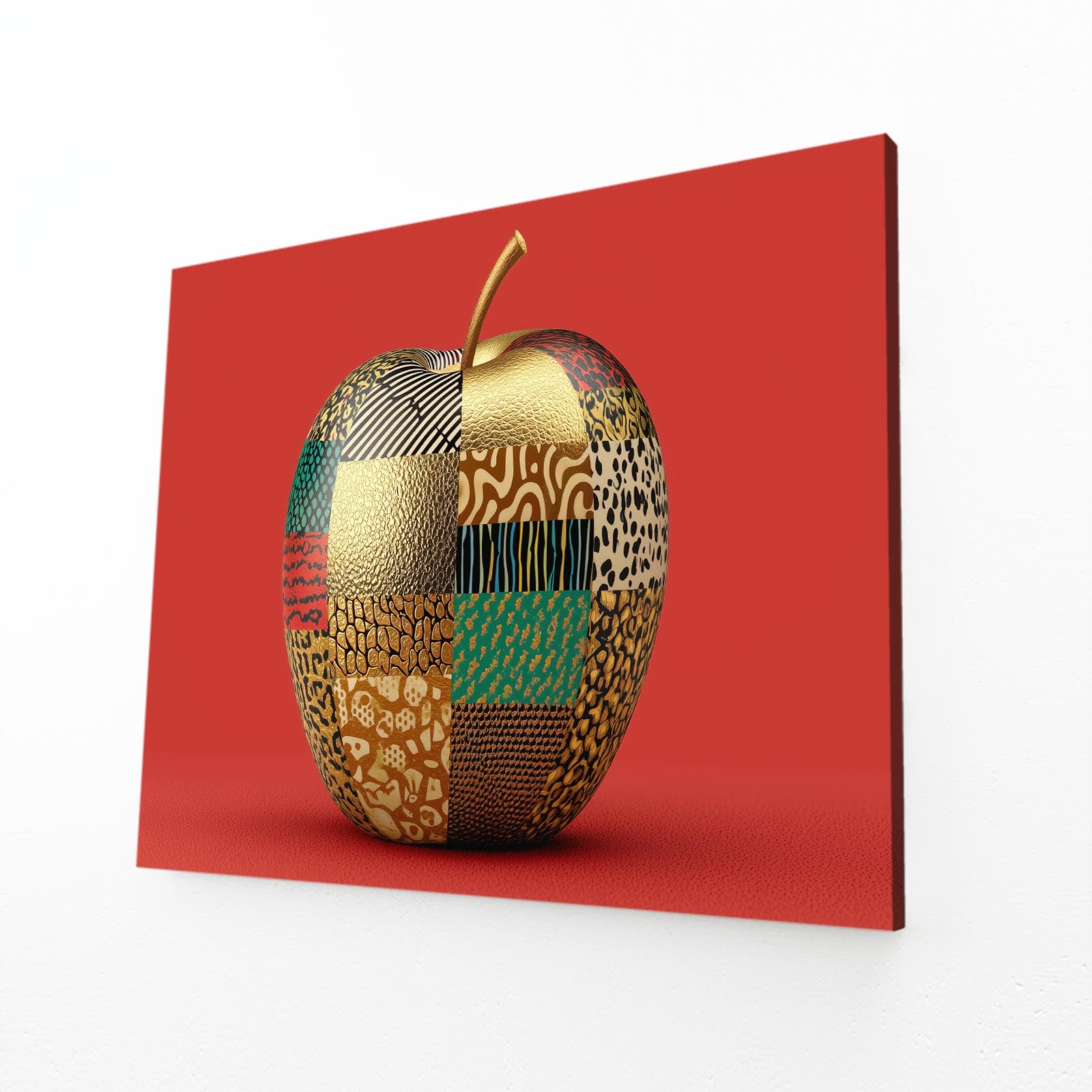 Patchwork Pattern Apple Canvas Art – angled canvas view on white background