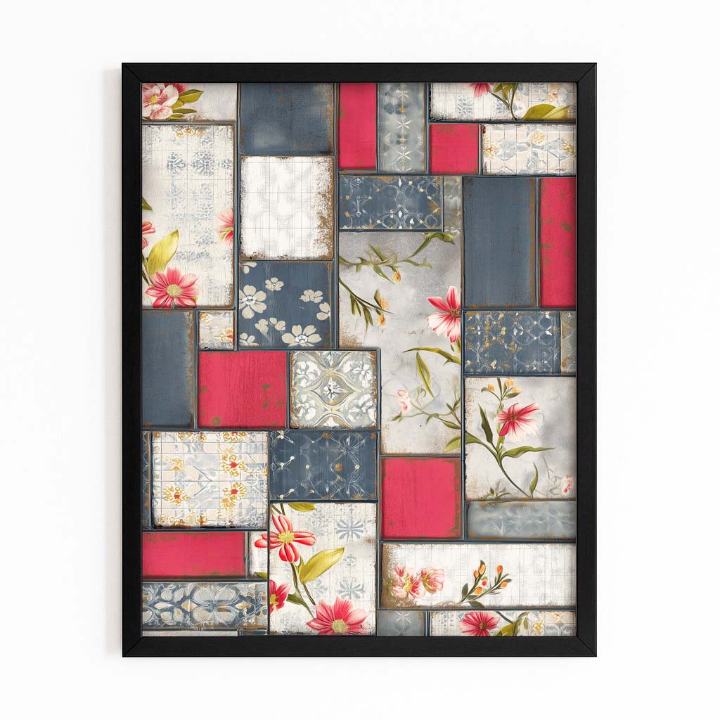 Patchwork Quilt Farmhouse Wall Decor – with Premium Black frame on white background