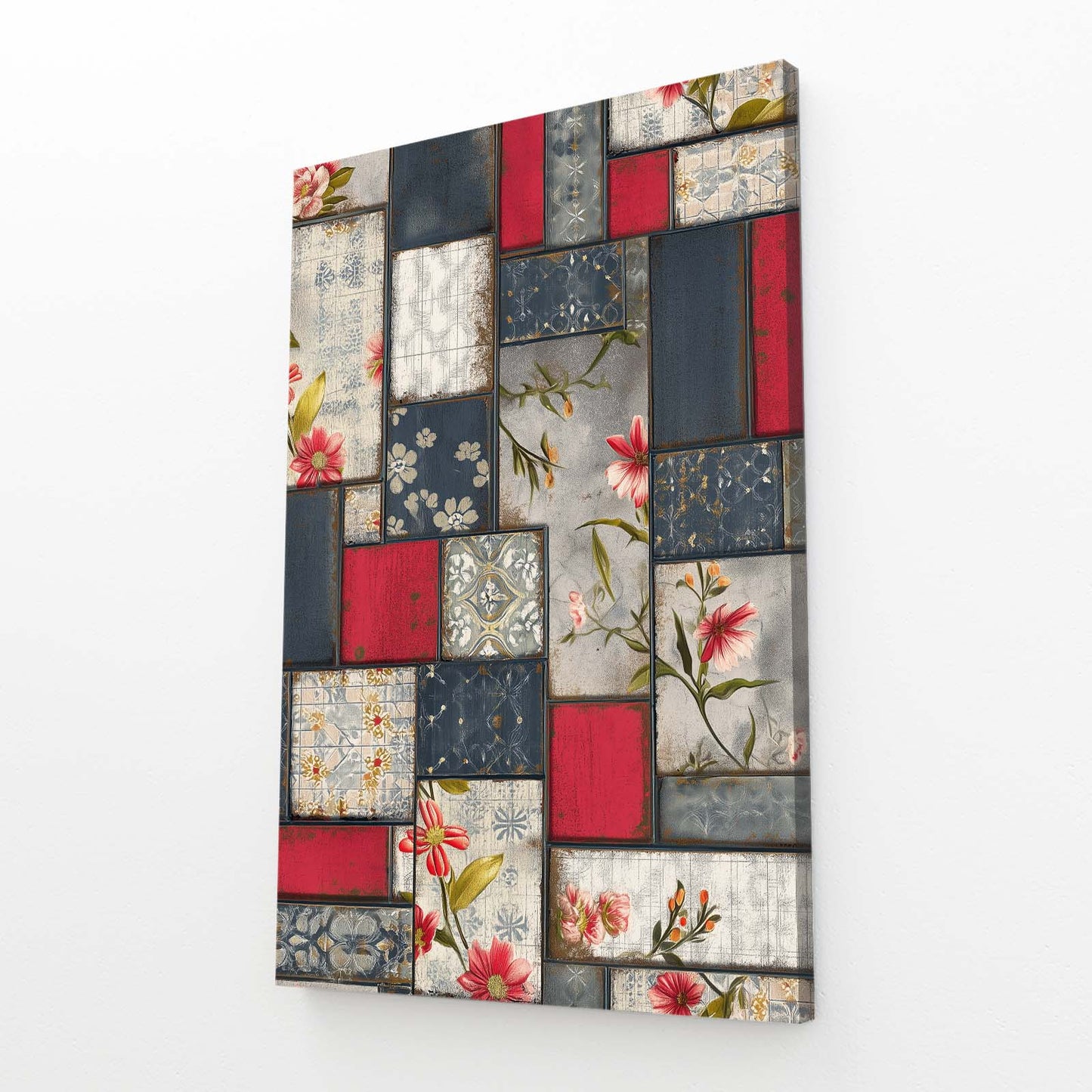 Patchwork Quilt Farmhouse Wall Decor – angled canvas view on white background
