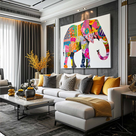 Patchwork Tapestry Elephant Wall Art — abstract canvas print in white tones, view 3