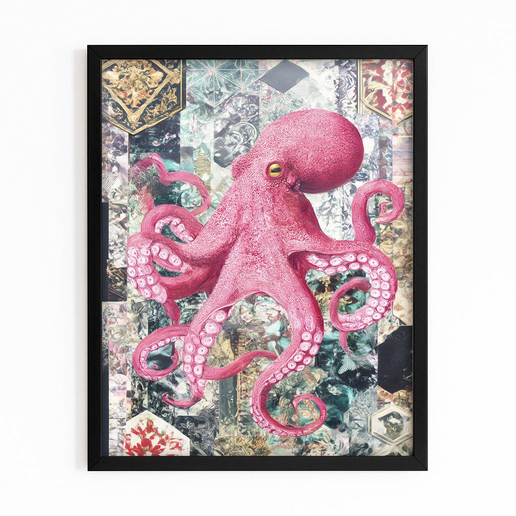 Patchwork Tile Octopus Canvas – with Premium Black frame on white background