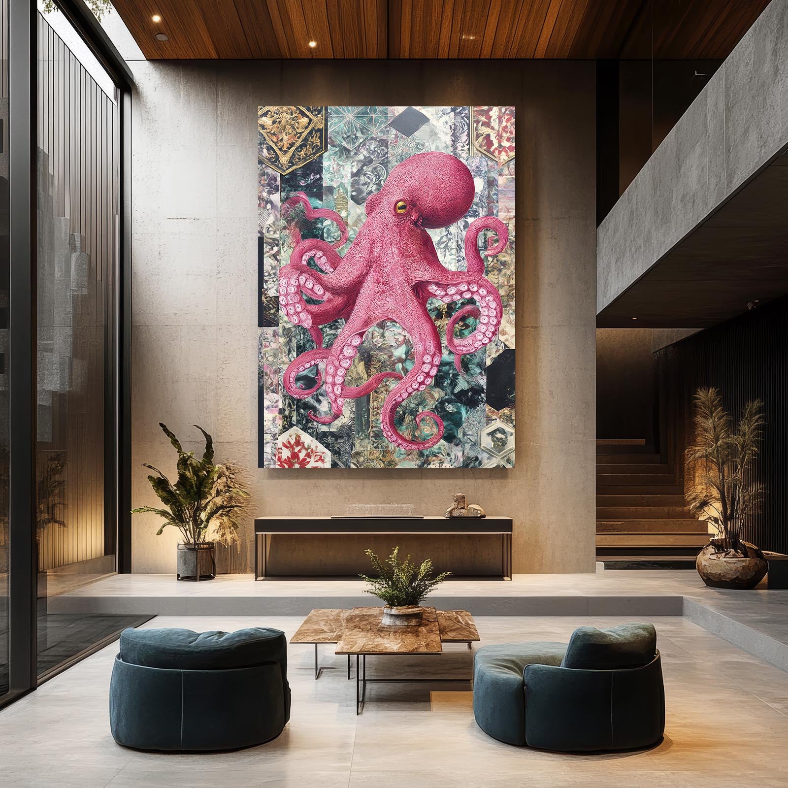 Patchwork Tile Octopus Canvas – styled in a furnished interior