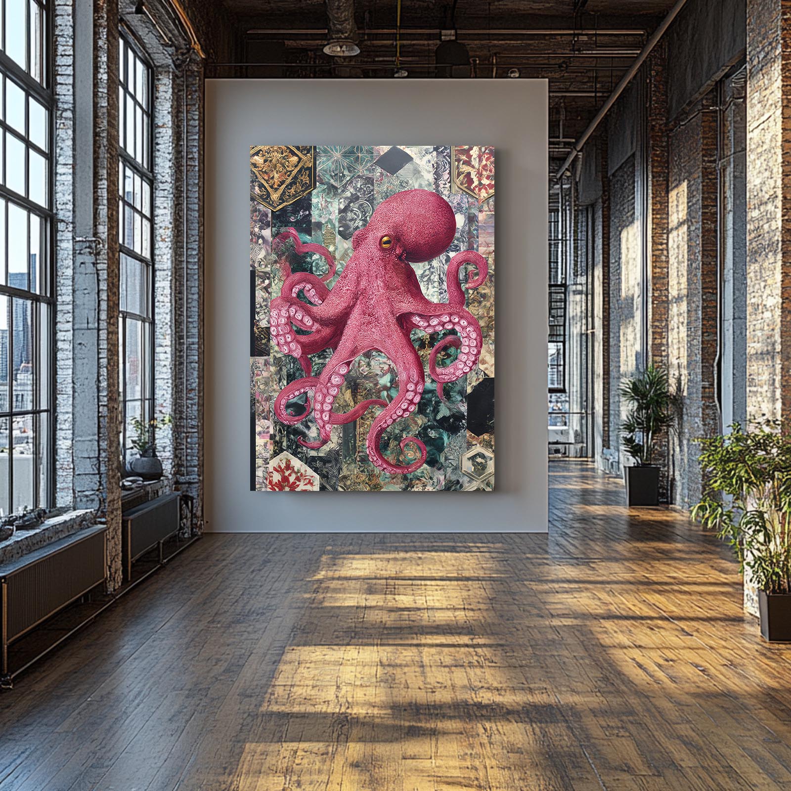 Patchwork Tile Octopus Canvas – styled in a furnished interior