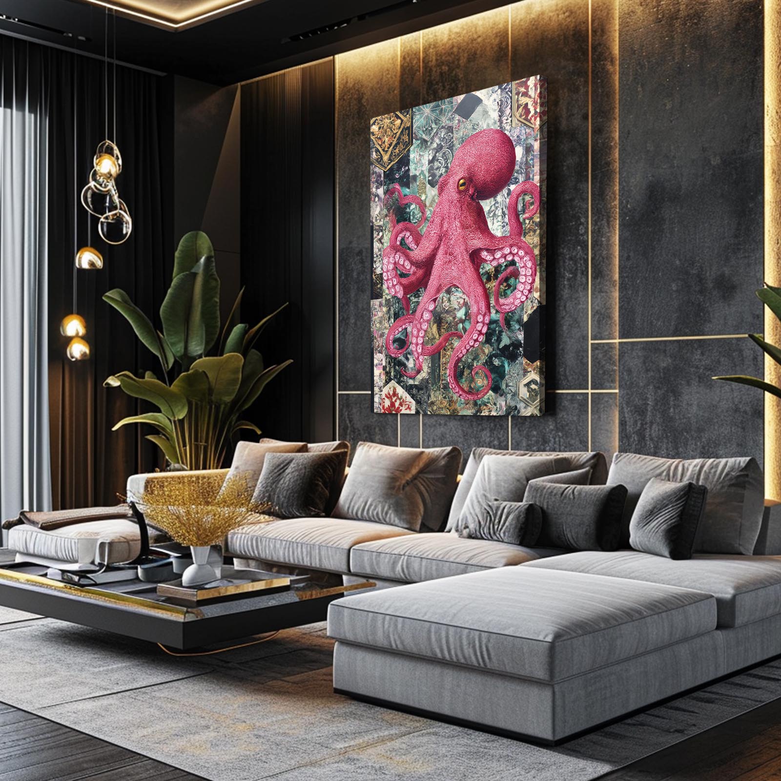 Patchwork Tile Octopus Canvas – styled in a furnished interior