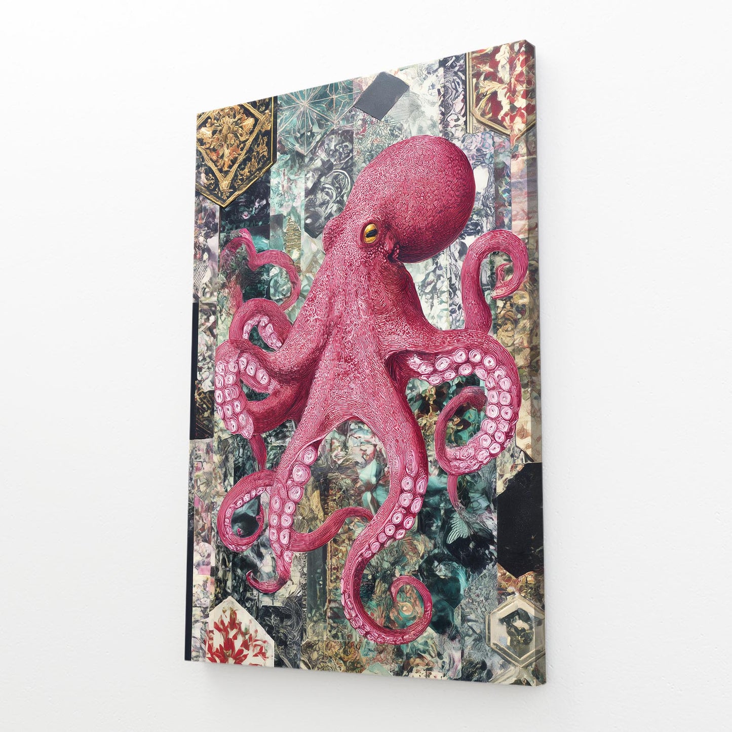 Patchwork Tile Octopus Canvas – angled canvas view on white background