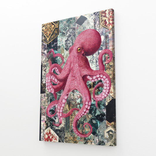 Patchwork Tile Octopus Canvas – angled canvas view on white background