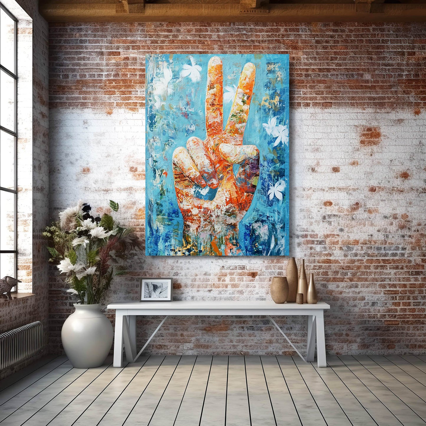 Peace Sign Doves Canvas – styled in a furnished interior