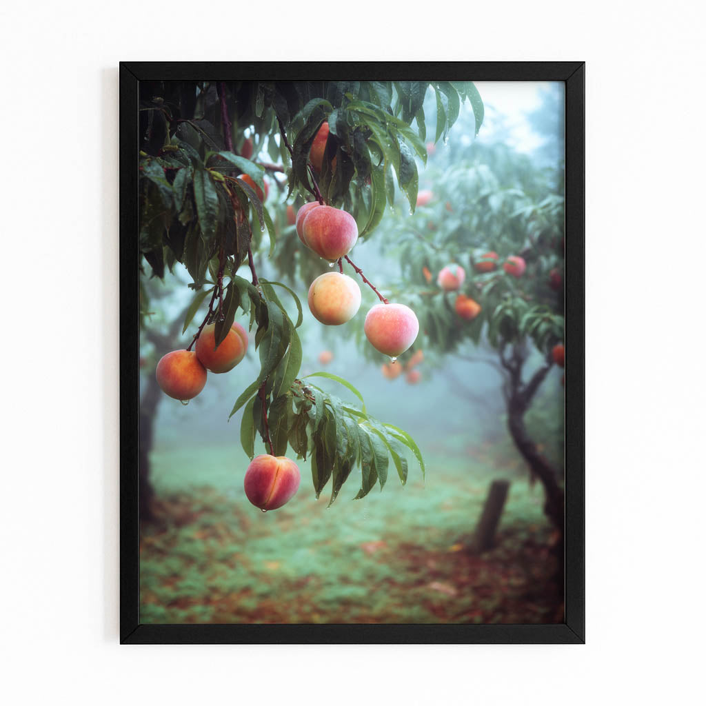 Peach Orchard Mist Fruit Prints – with Premium Black frame on white background