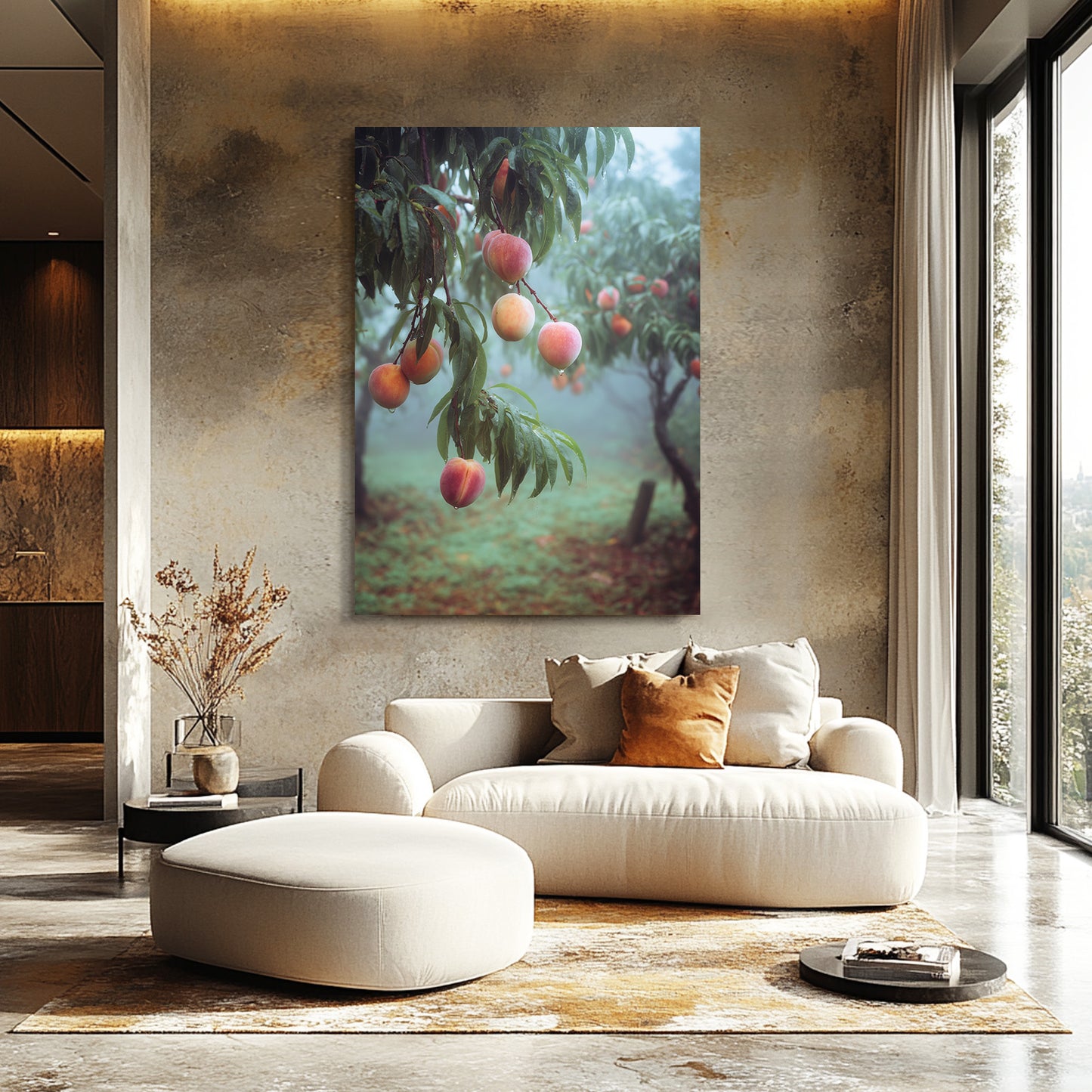 Peach Orchard Mist Fruit Prints – styled in a furnished interior