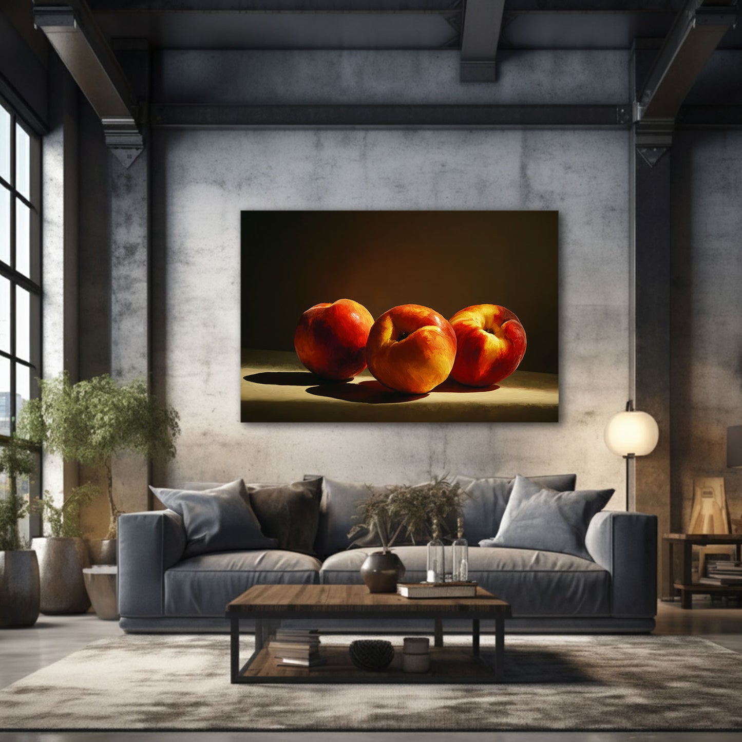 Peaches Still Life Fruit Art – styled in a furnished interior