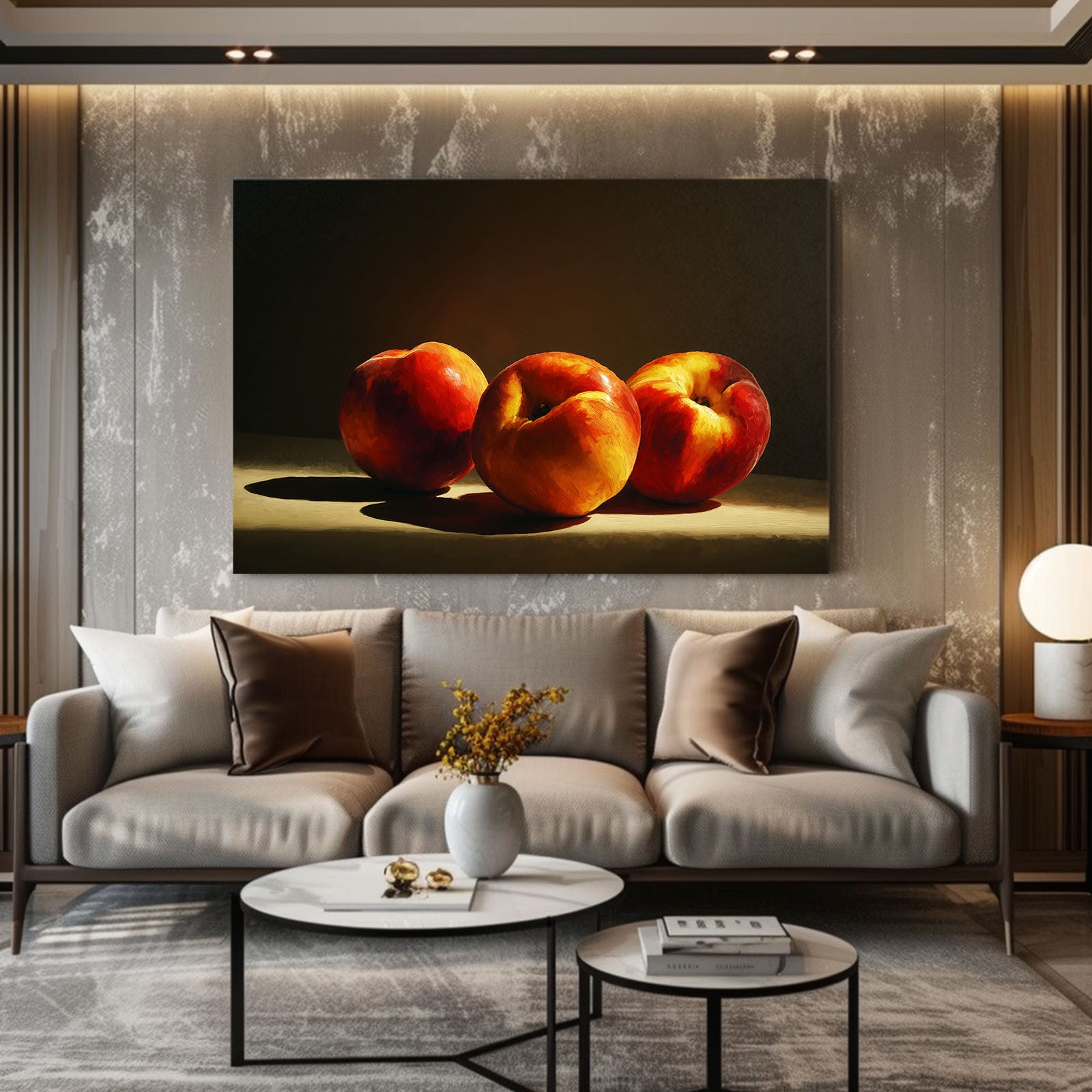 Peaches Still Life Fruit Art – styled in a furnished interior
