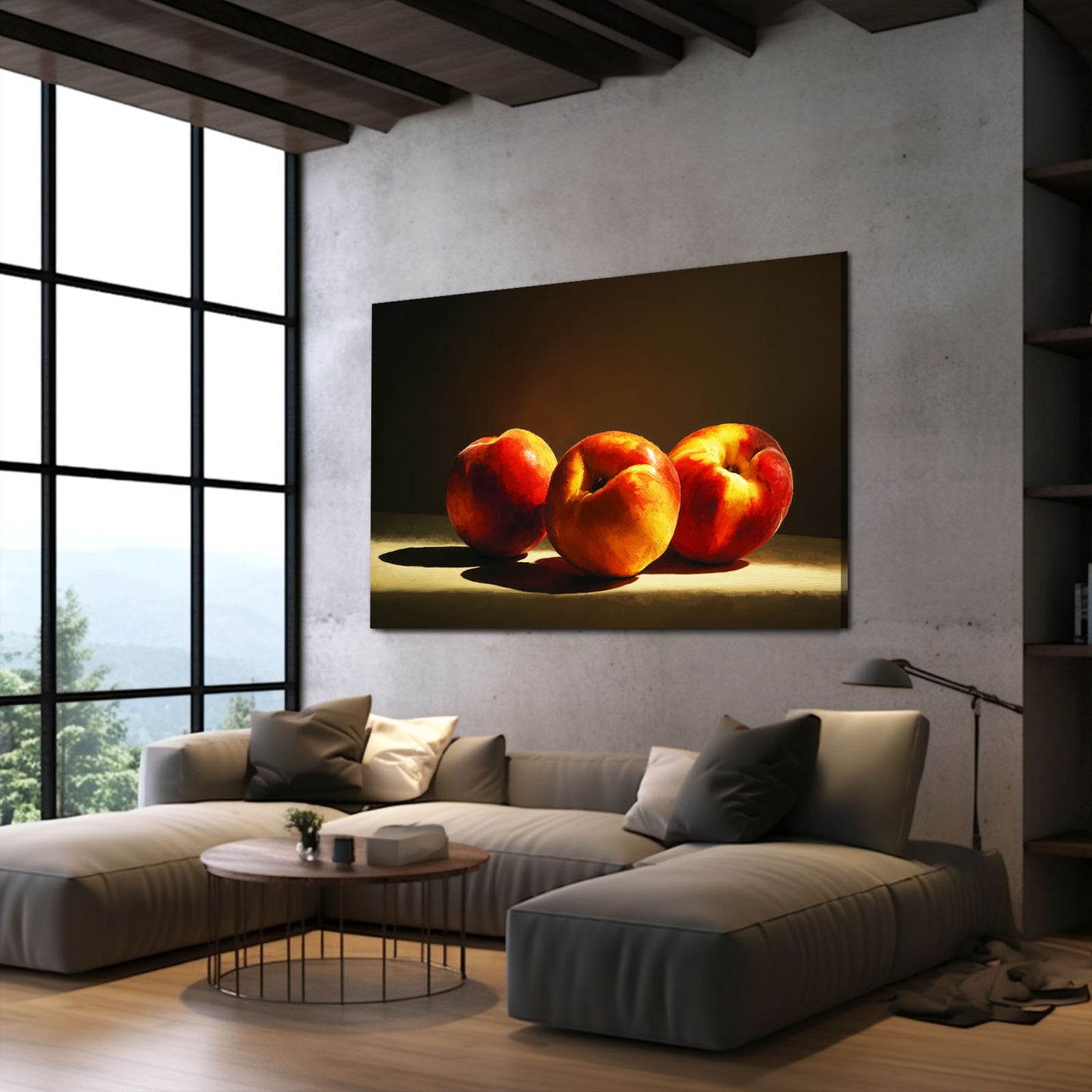 Peaches Still Life Fruit Art – styled in a furnished interior