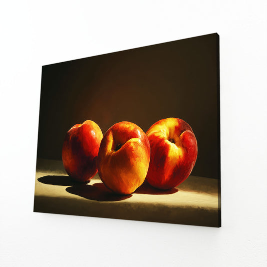 Peaches Still Life Fruit Art – angled canvas view on white background