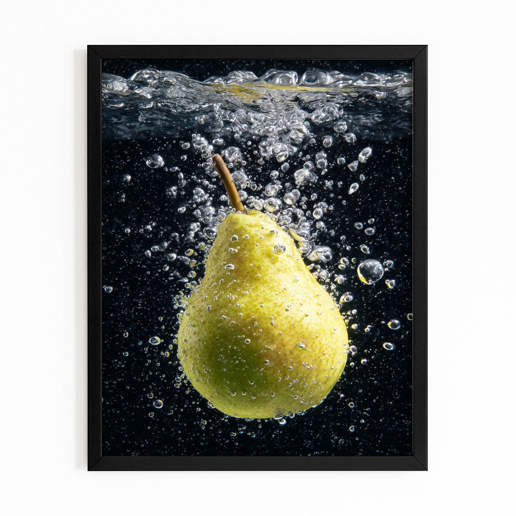 Pear Water Splash Fruit Wall Art – with Premium Black frame on white background