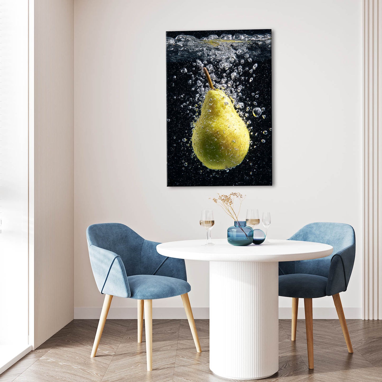 Pear Water Splash Fruit Wall Art – styled in a furnished interior