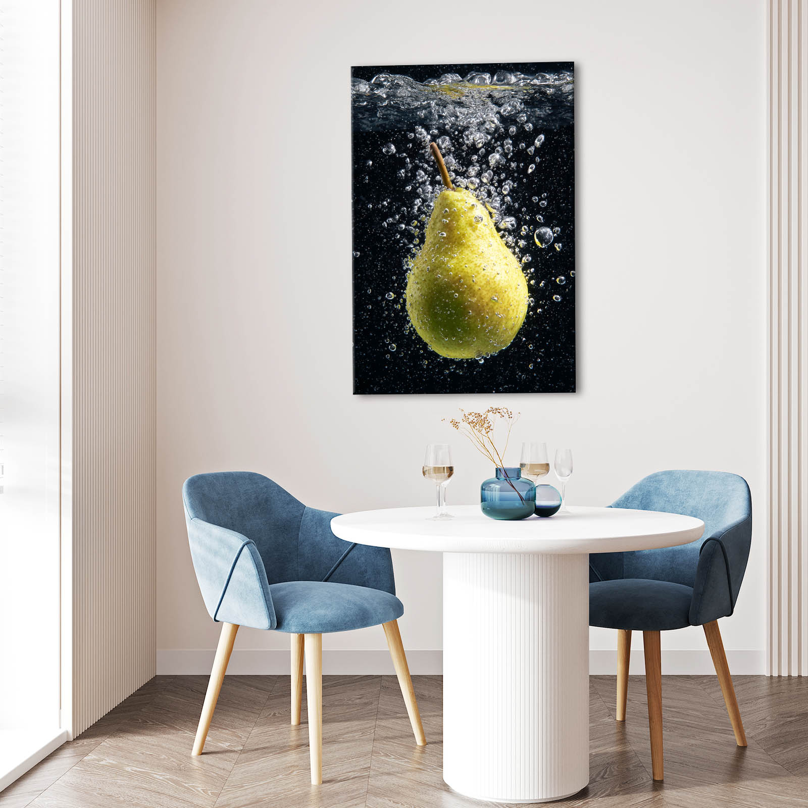 Pear Water Splash Fruit Wall Art – styled in a furnished interior