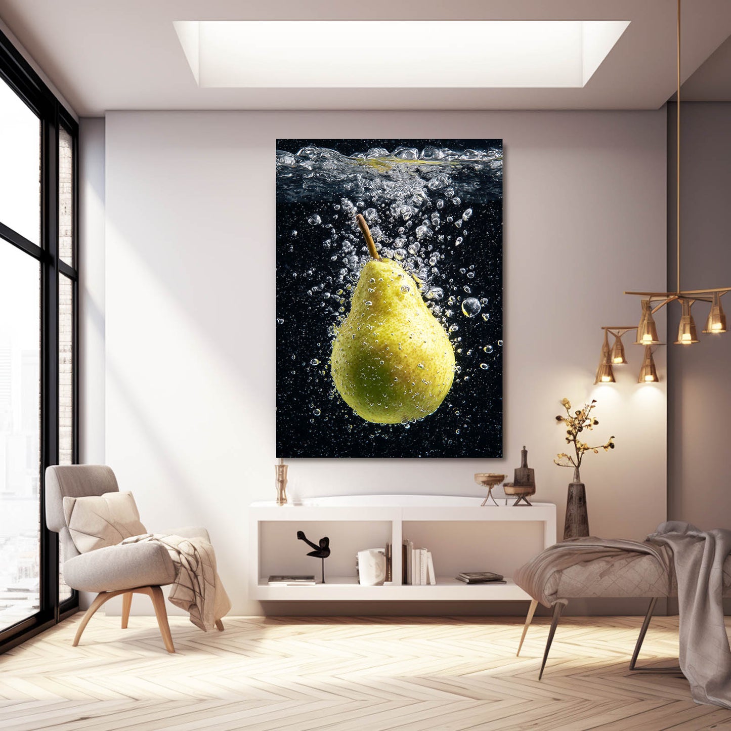 Pear Water Splash Fruit Wall Art – styled in a furnished interior