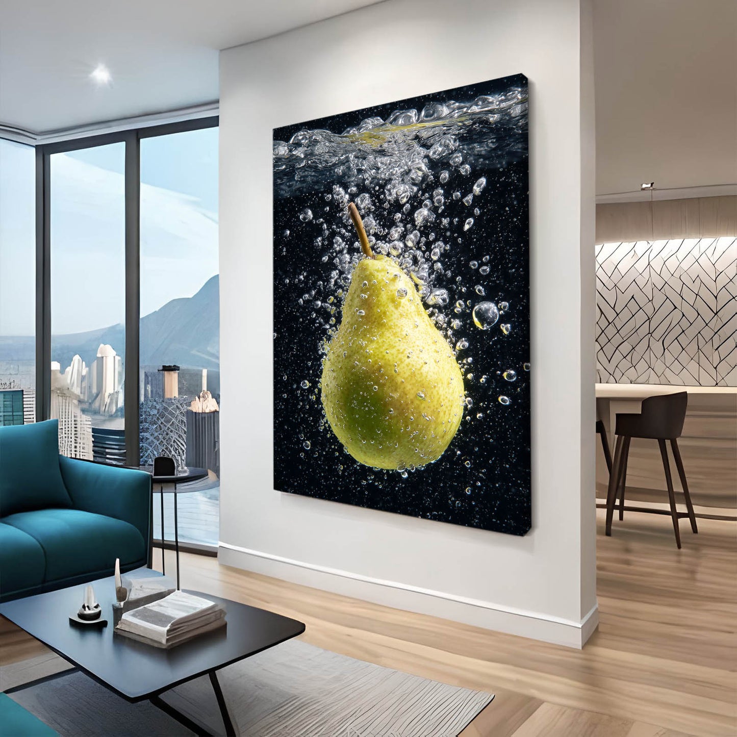 Pear Water Splash Fruit Wall Art – styled in a furnished interior