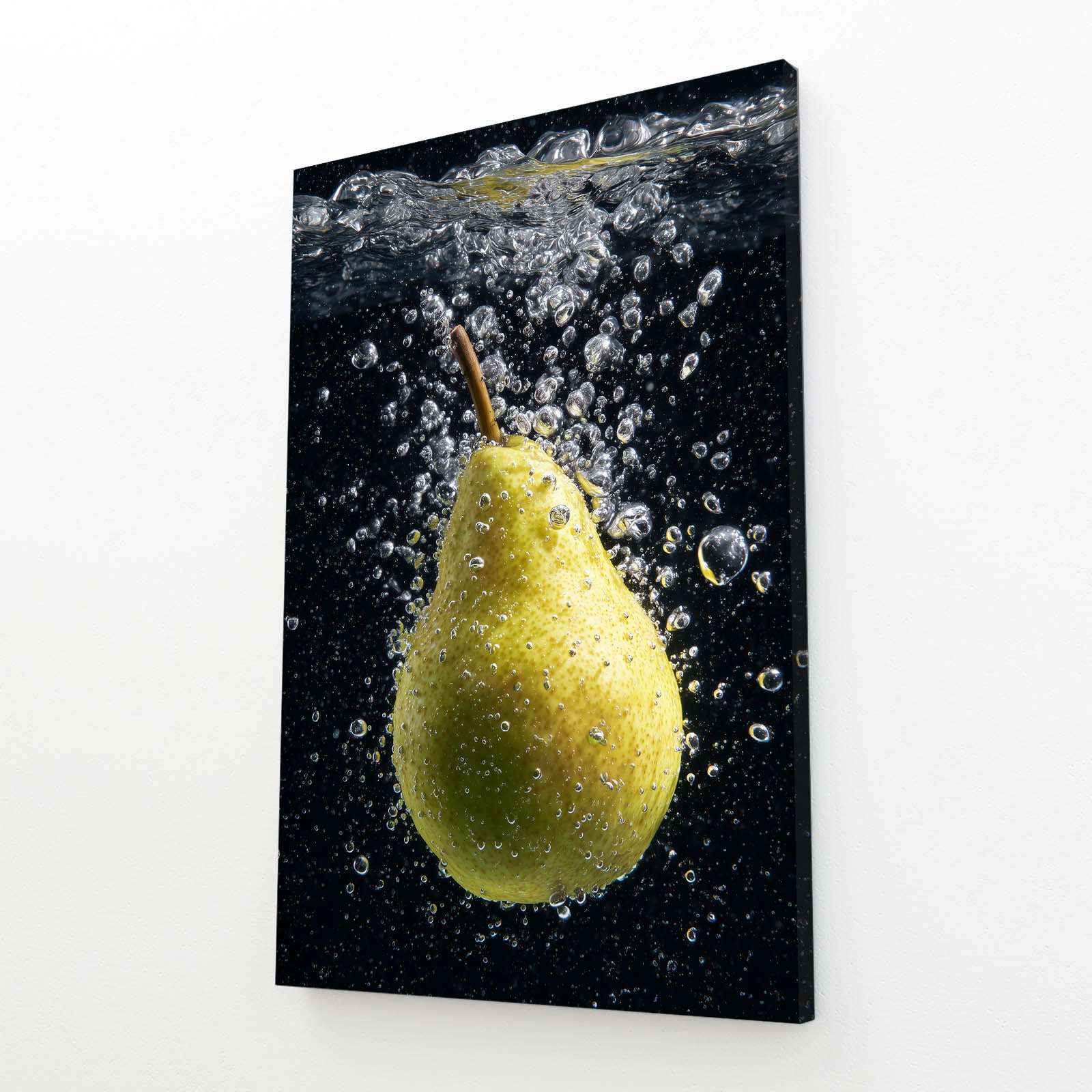 Pear Water Splash Fruit Wall Art – angled canvas view on white background