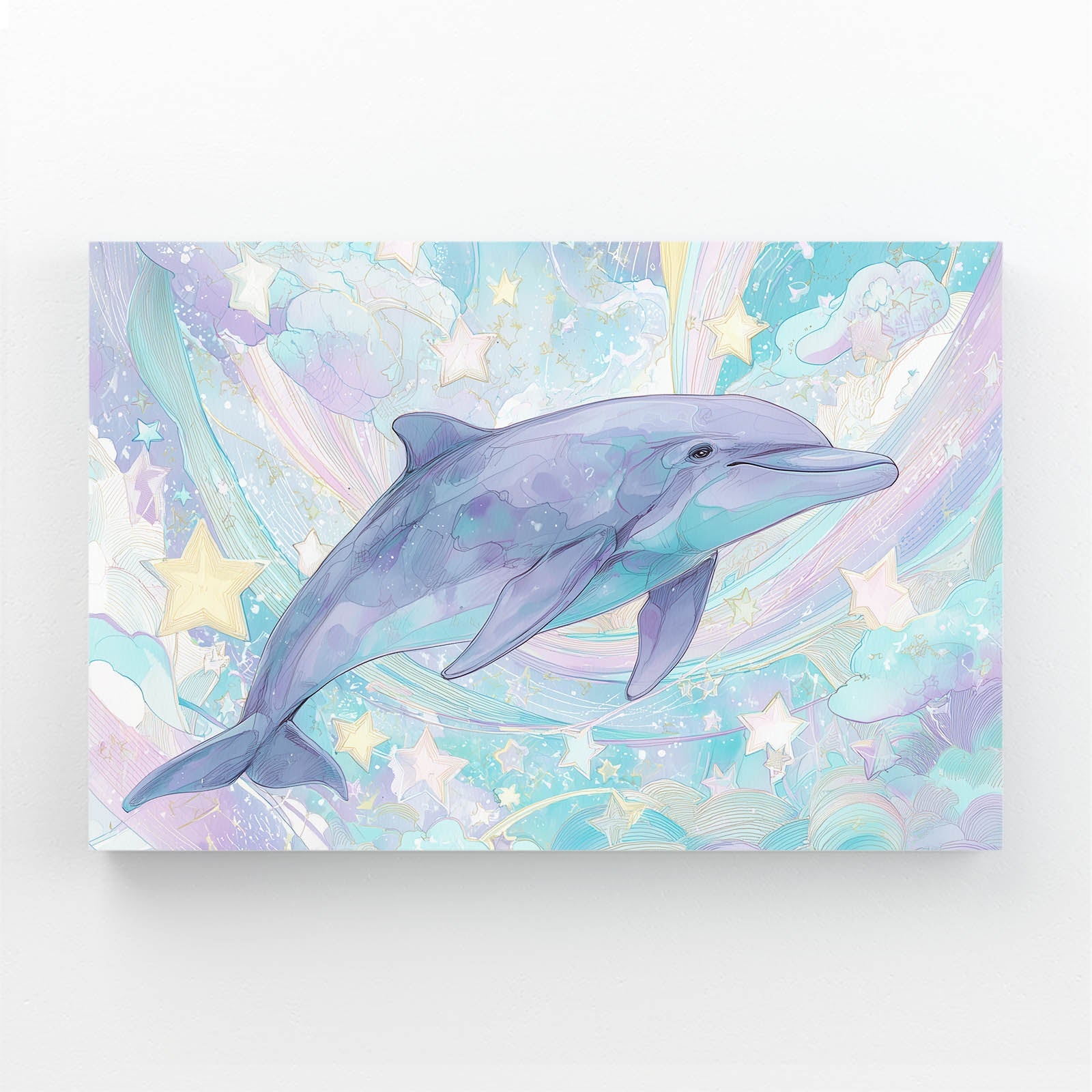 Pearl Star Dolphin Wall Decor – pearl-lavender dolphin gliding among pastel stars and flowing ribbons