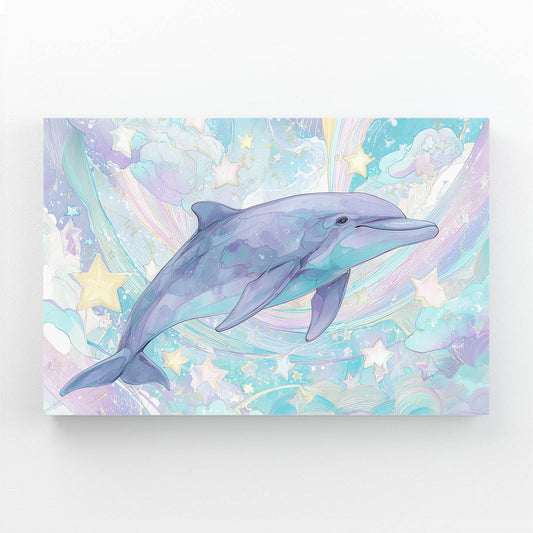 Pearl Star Dolphin Wall Decor – pearl-lavender dolphin gliding among pastel stars and flowing ribbons
