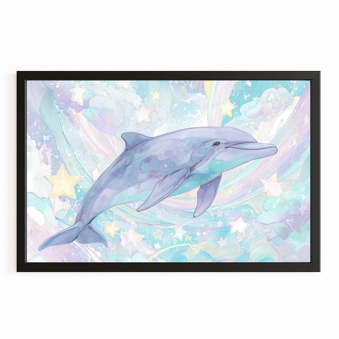 Pearl Star Dolphin Wall Decor – with Premium Black wood frame on white background