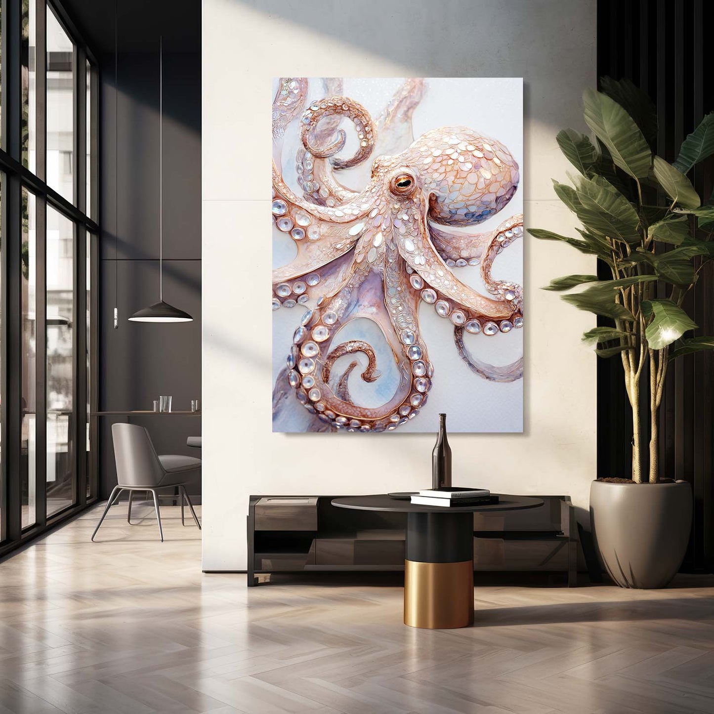 Pearl Sucker Coil Octopus Art – styled in a furnished interior
