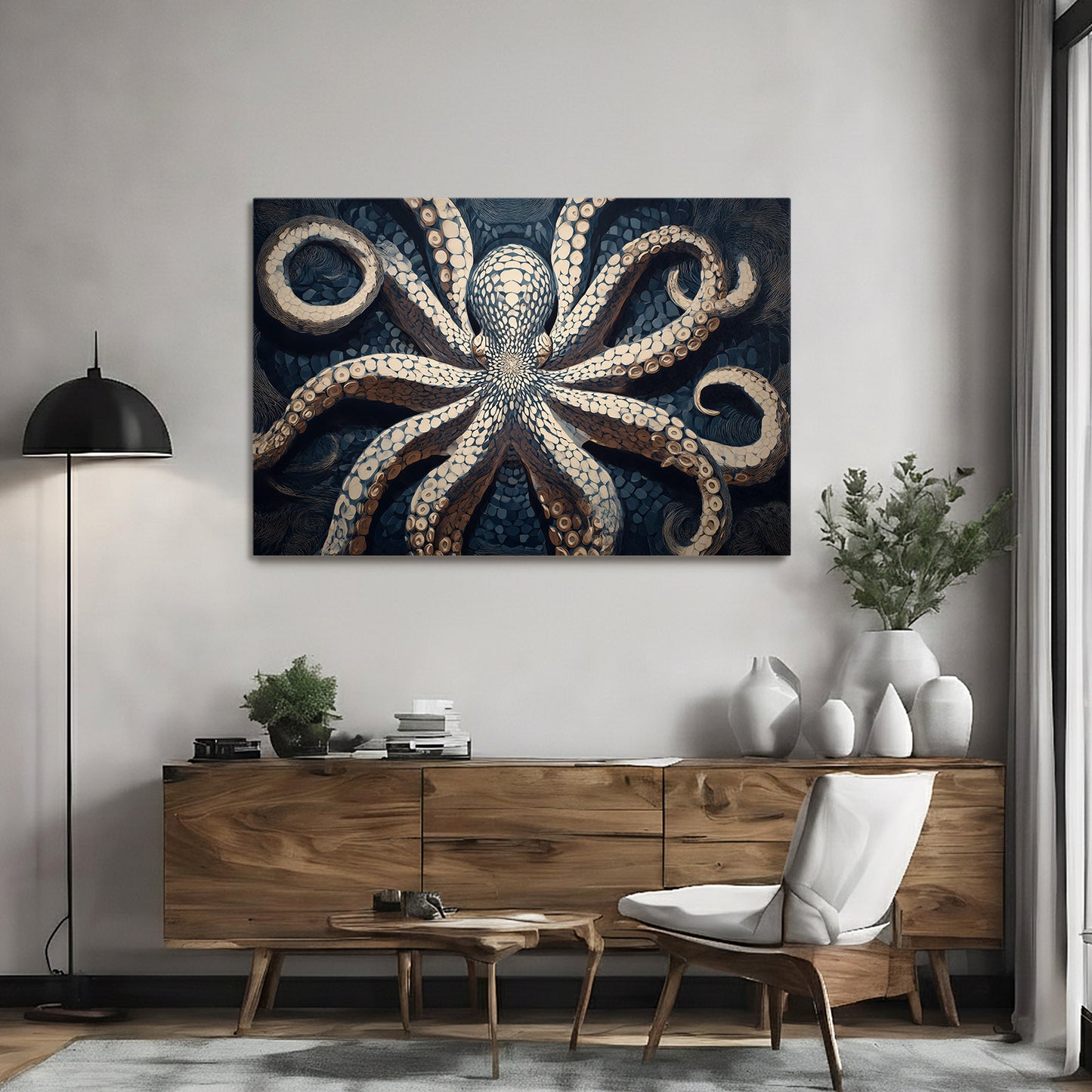 Pearl Sucker Study Octopus Wall Art – styled in a furnished interior