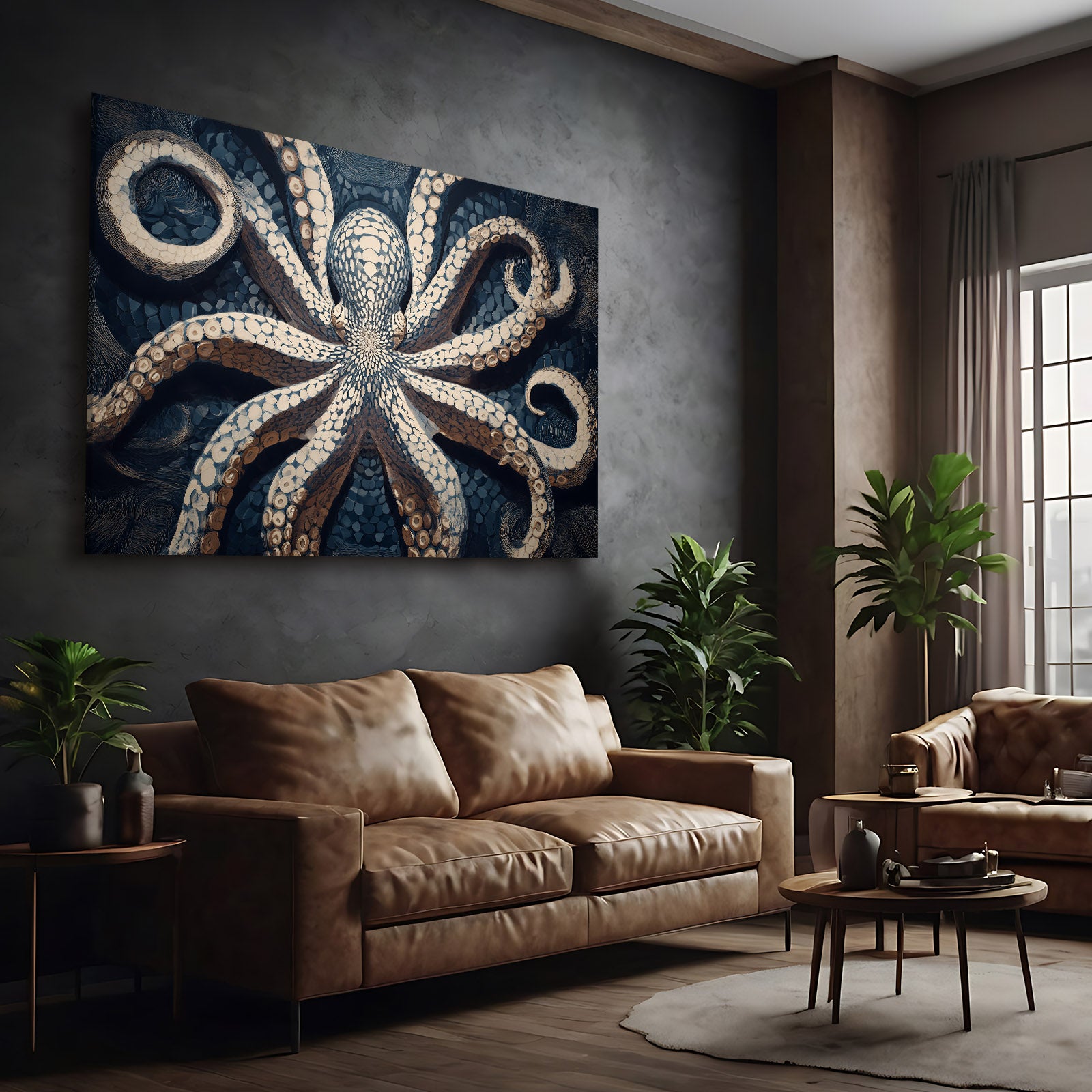 Pearl Sucker Study Octopus Wall Art – styled in a furnished interior