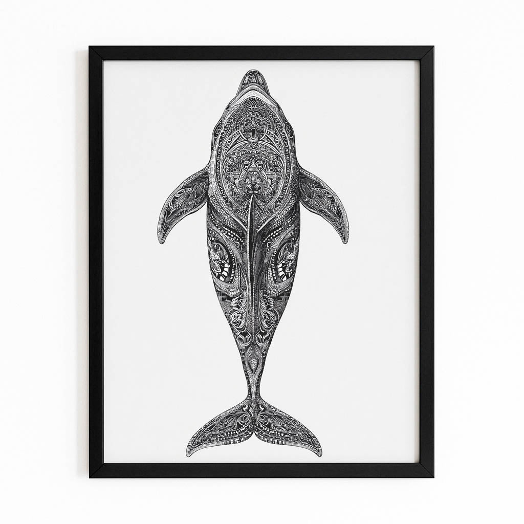 Pencil Pattern Dolphin Wall Art – with Premium Black wood frame on white background