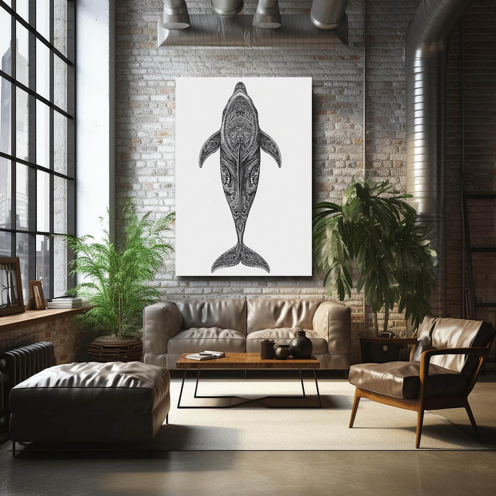 Pencil Pattern Dolphin Wall Art – styled in a furnished interior