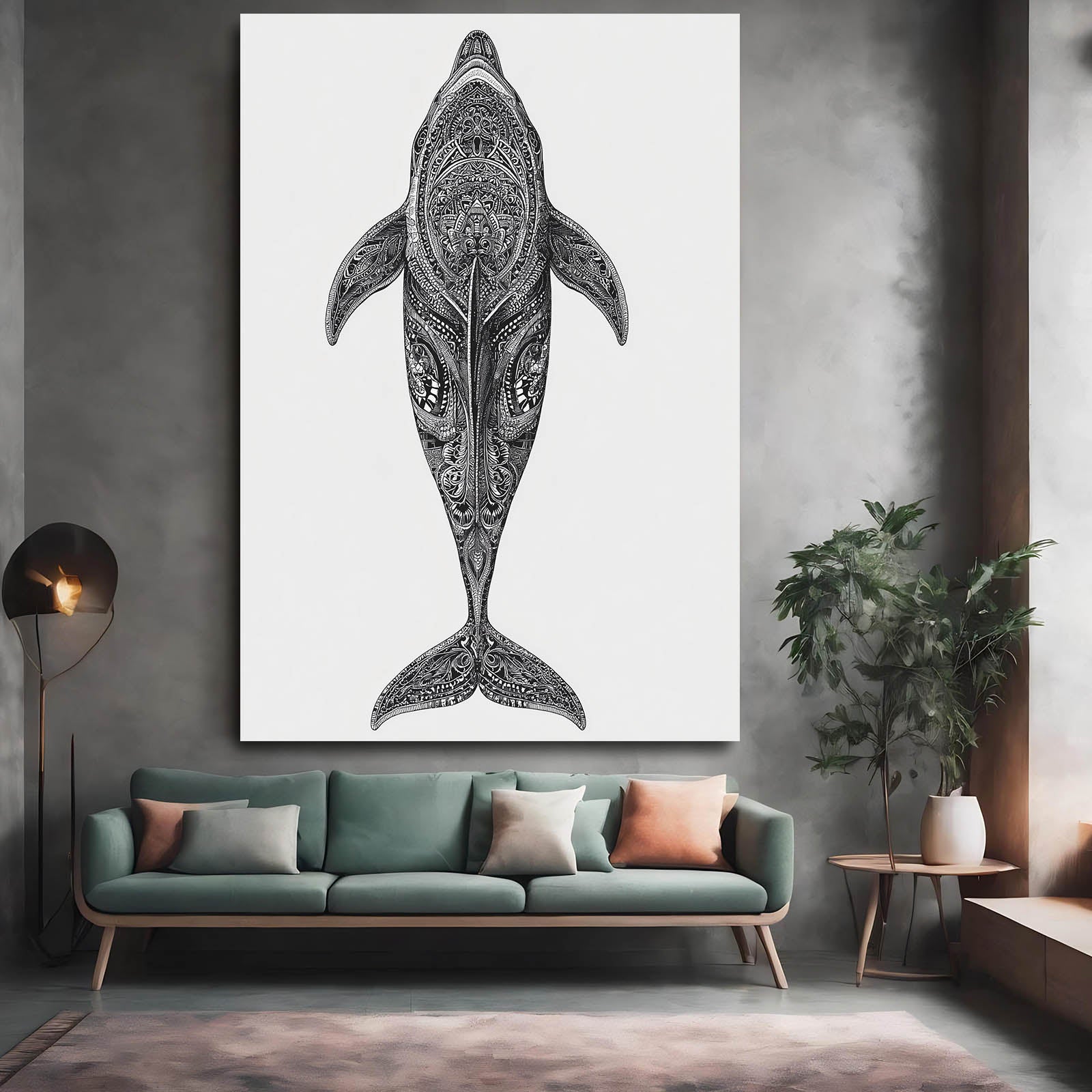 Pencil Pattern Dolphin Wall Art – styled in a furnished interior