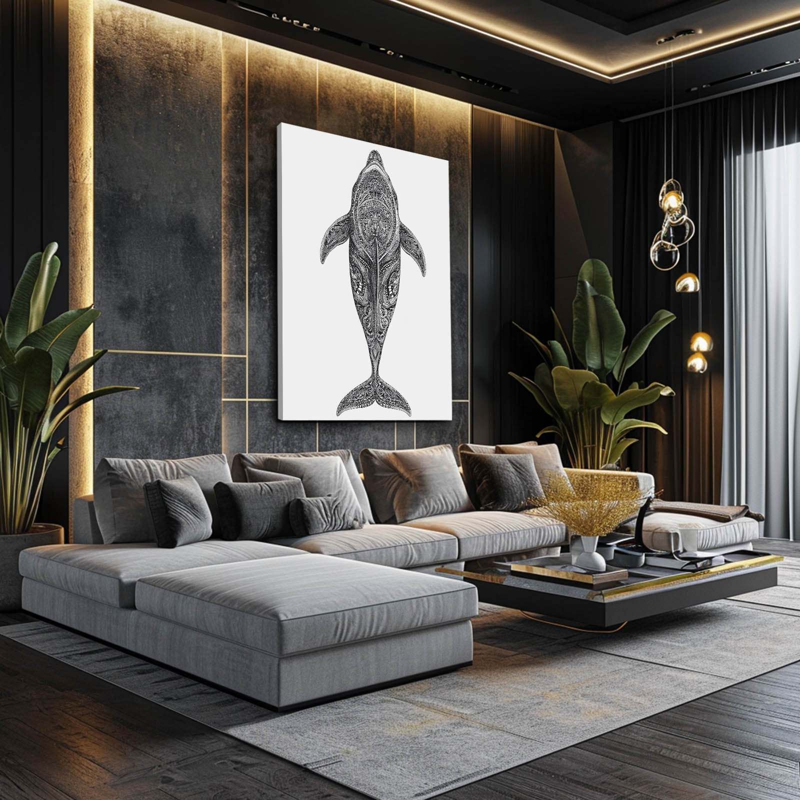 Pencil Pattern Dolphin Wall Art – styled in a furnished interior