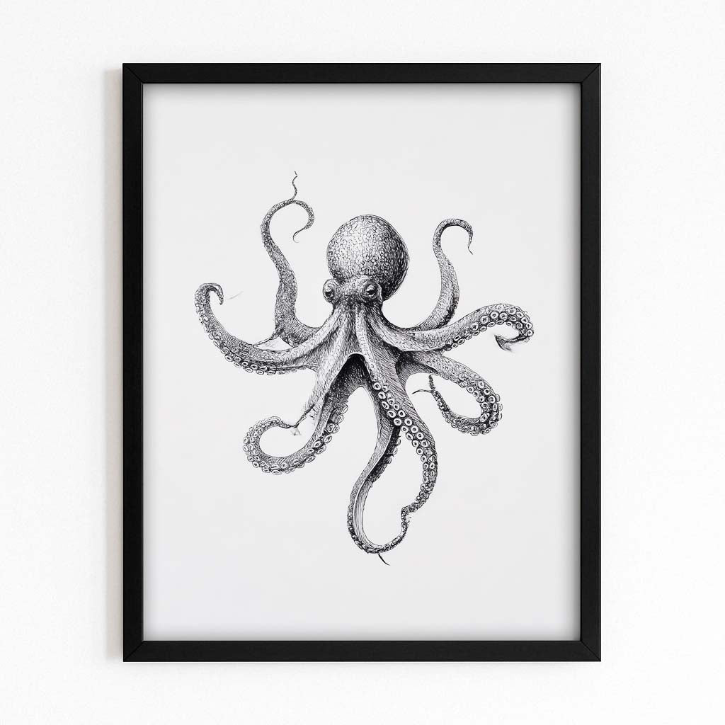 Pencil Study Octopus Canvas – with Premium Black frame on white background