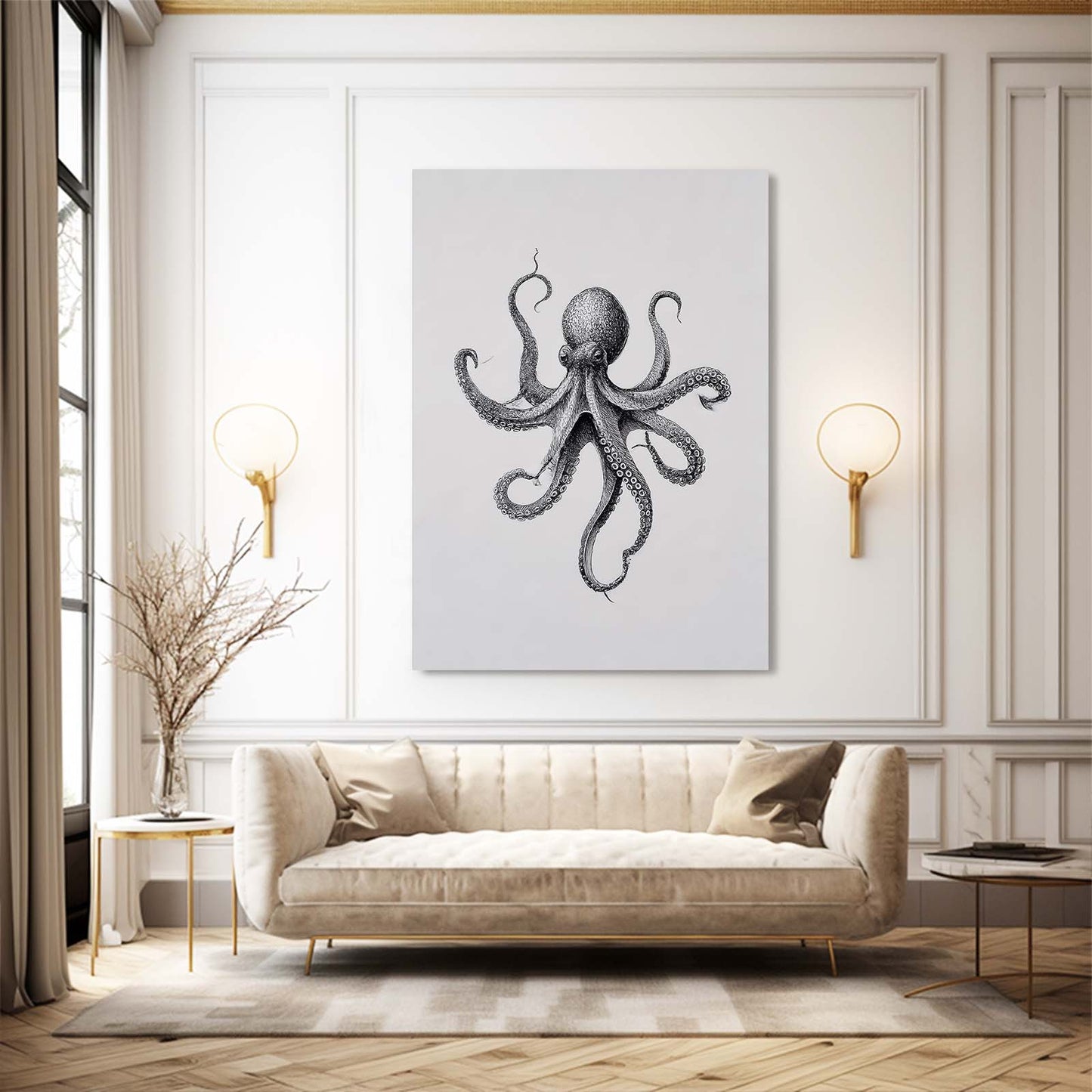 Pencil Study Octopus Canvas – styled in a furnished interior