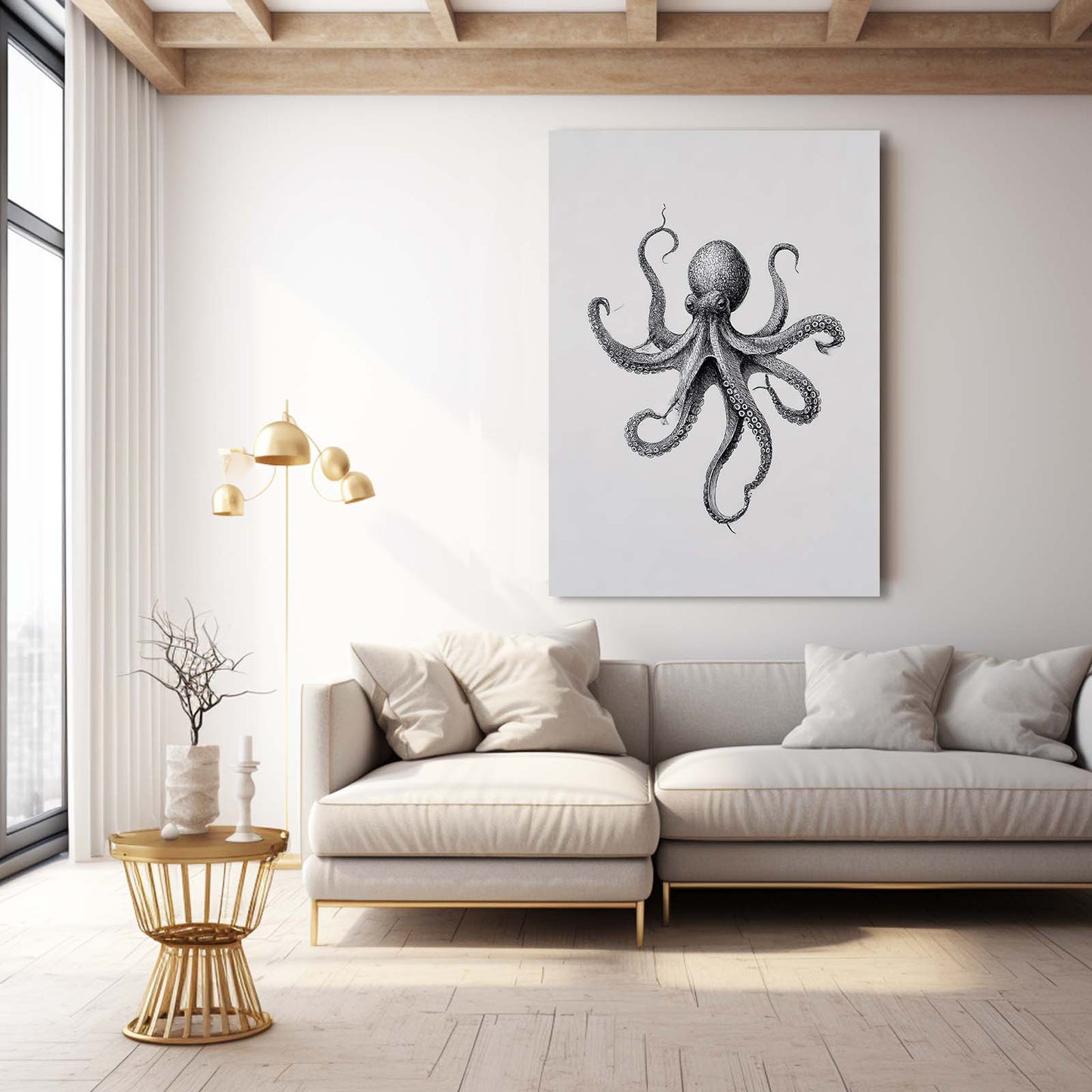 Pencil Study Octopus Canvas – styled in a furnished interior