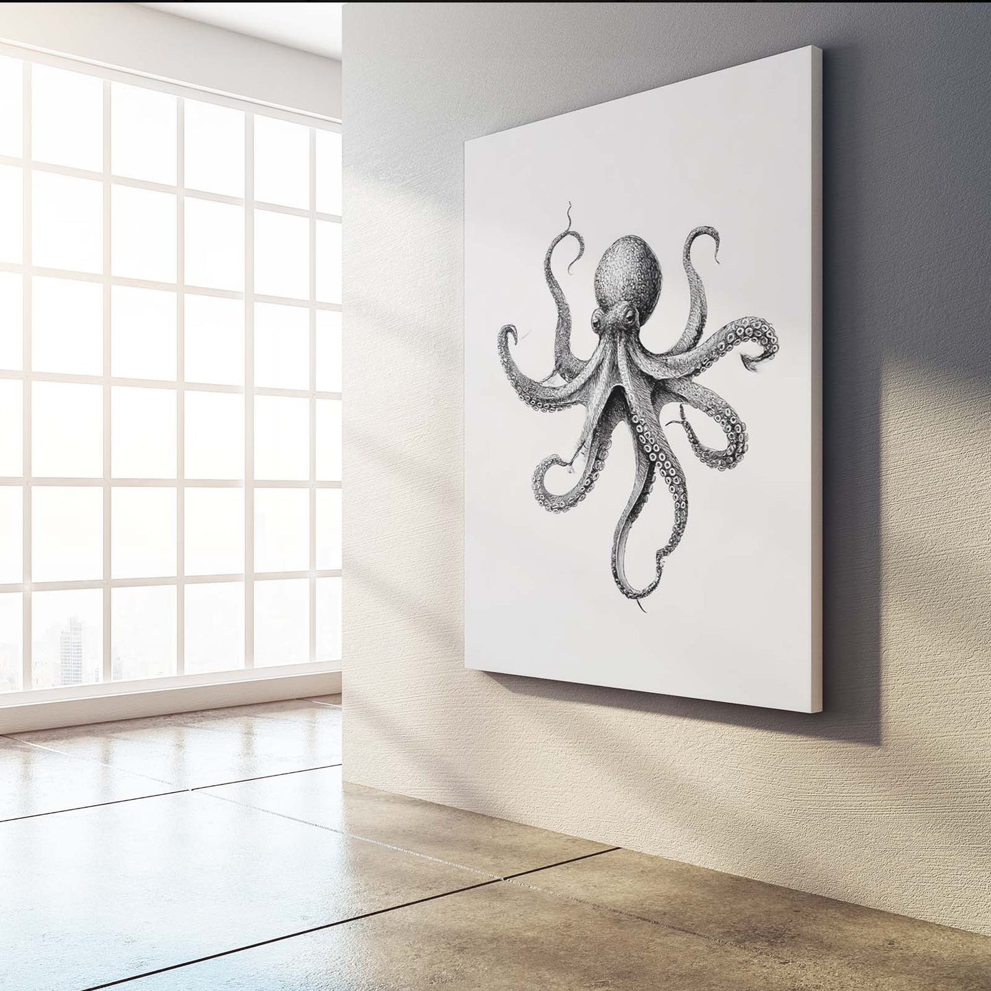 Pencil Study Octopus Canvas – styled in a furnished interior