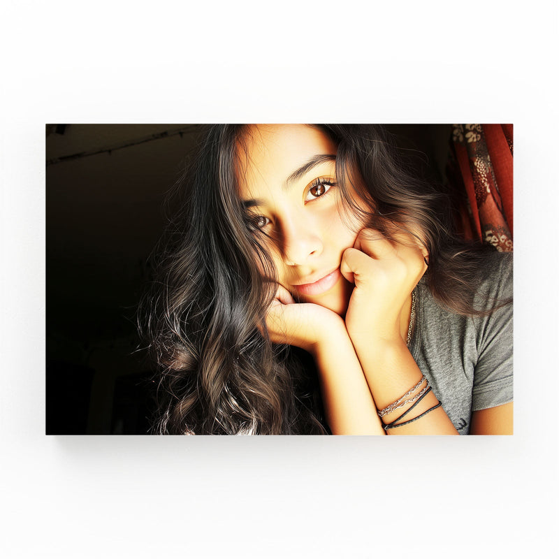 Pensive Gaze Women Photography Art Prints – young woman resting chin on hand in warm window light