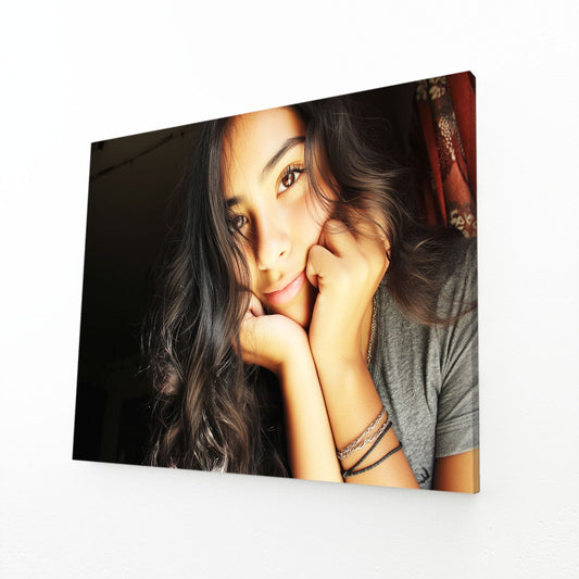 Pensive Gaze Women Photography Art Prints – angled canvas view on white background